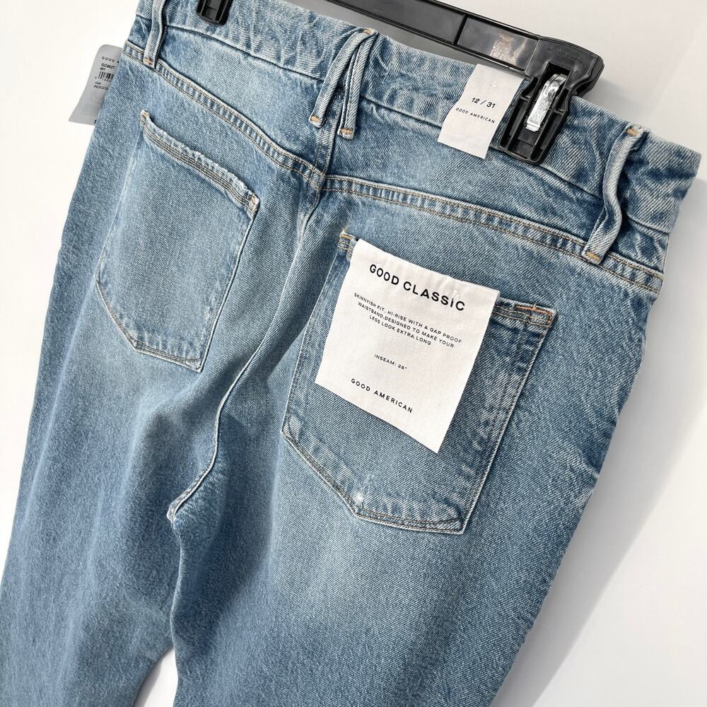 Good American Good Classic Distressed Straight Jeans NEW Sz 12/31 Stretch Blue - Picture 7 of 11